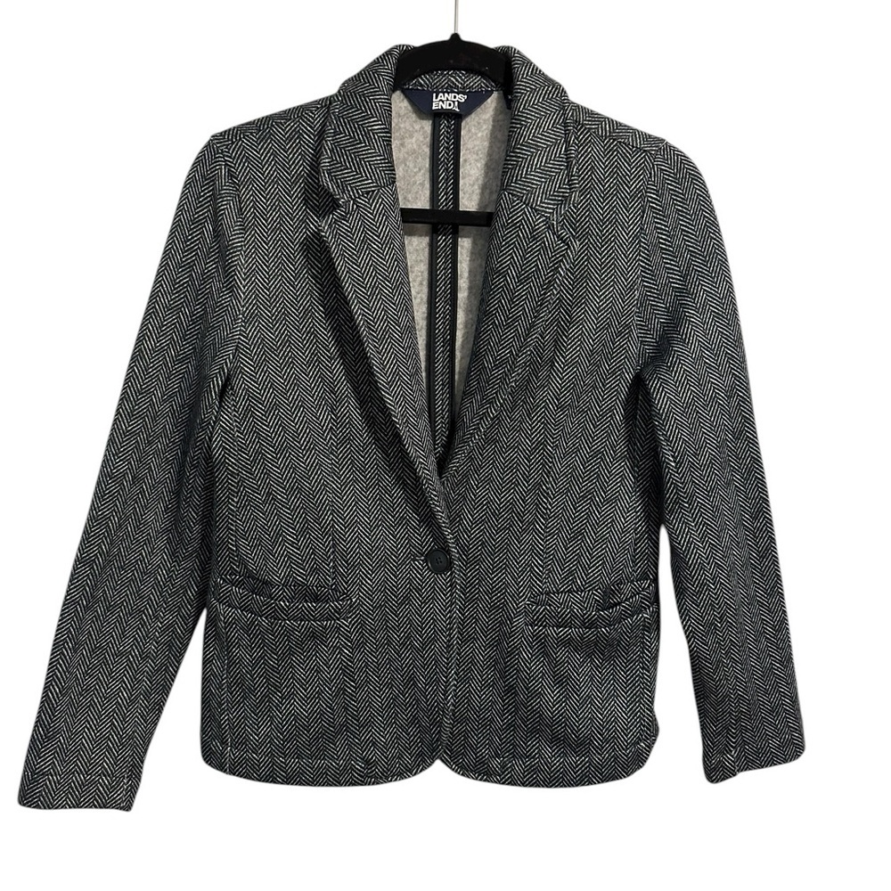 Lands' End Glen Plaid Notch Fleece Blazer Womens Size XS 2-4 Black White Career